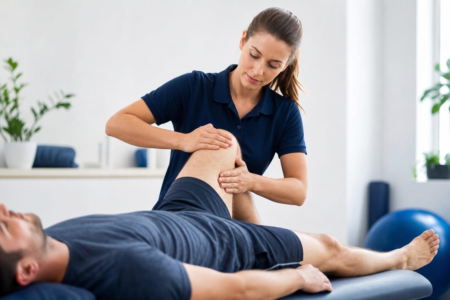 Fisioterapeuta a tratar o joelho de um paciente numa clínica moderna
